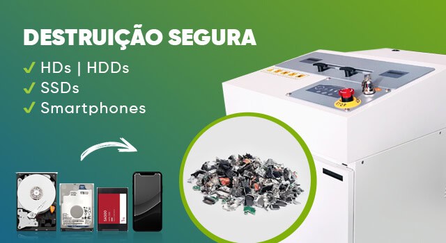 Destruição de HD,SSD e SMARTPHONE, ao lado uma fragmentadora Kostal 13120HD
